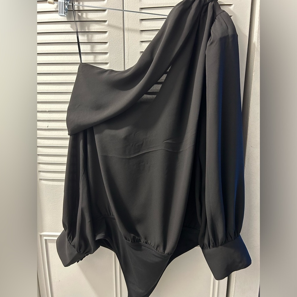 Black Off the Shoulder Draped Balloon Sleeves Bodysuit